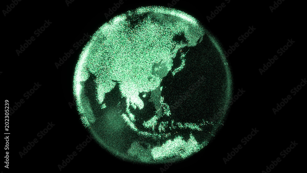 Futuristic digital earth spins with bright continents of computer pixels. Modern digital age, global connectivity and distributed cryptocurrency blockchain concept. Asia and Australia view. Ultra HD Futuristic digital earth spins with bright continents of computer pixels. Modern digital age, global connectivity and distributed cryptocurrency blockchain concept. Asia and Australia view. Ultra HD