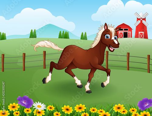 Happy horse cartoon in the farm with green field