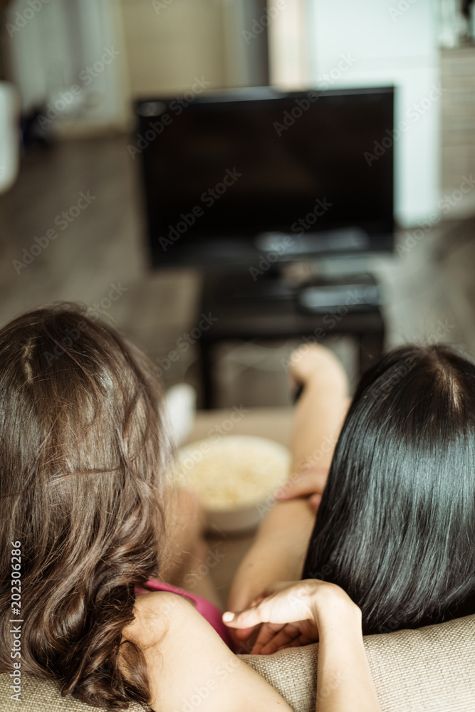 Fototapeta premium Back view photo of two girlfriends who are sitting on the couch watching TV.
