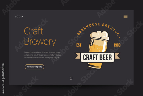 Craft brewery or pub website template. Beer glass web banner. Vintage retro illustration. Home page concept. UI design mockup.