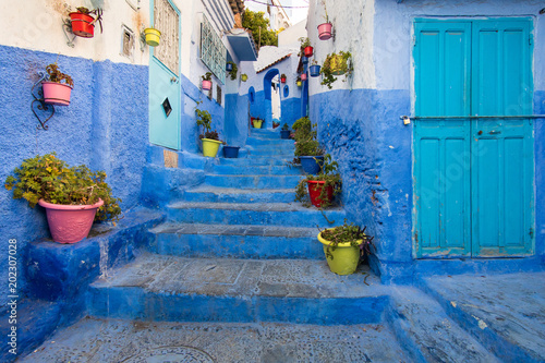 Stairway in Chefchaouen, the Blue city, in Morocco