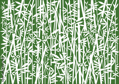 Bamboo Decorative background.
Stylized Illustration of white bamboo silhouettes on green background.Vector available. 