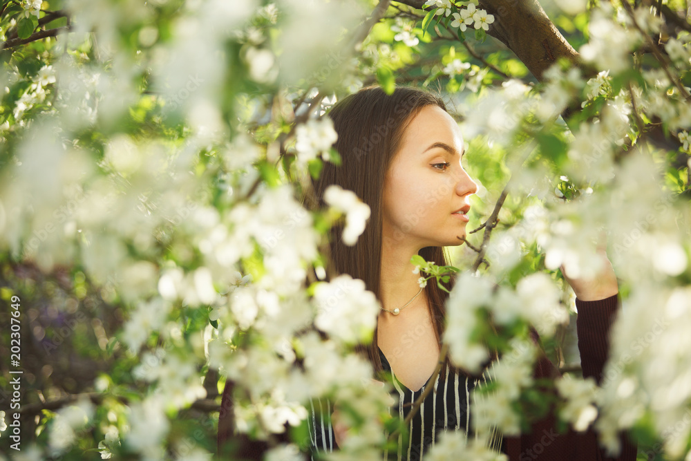 young woman with clean skin near a blooming apple tree. portrait of girl in spring park. young woman with clean skin near a blooming apple tree. portrait of girl in spring park.