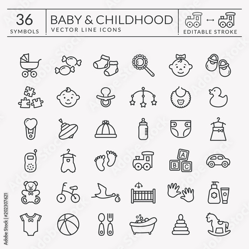 Baby outline icons. Editable stroke. Vector set.