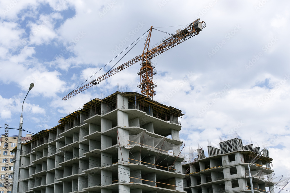 Fototapeta premium Concrete frameworks of buildings and a construction crane above them.