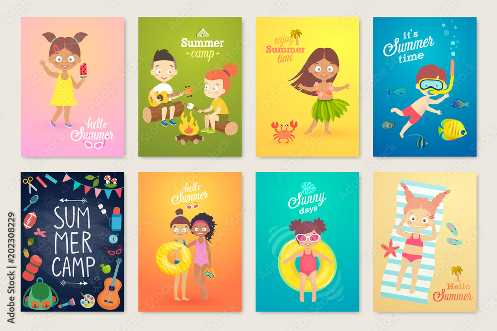 Summer Kids card set, swimming, playing on the beach, camping and having fun.