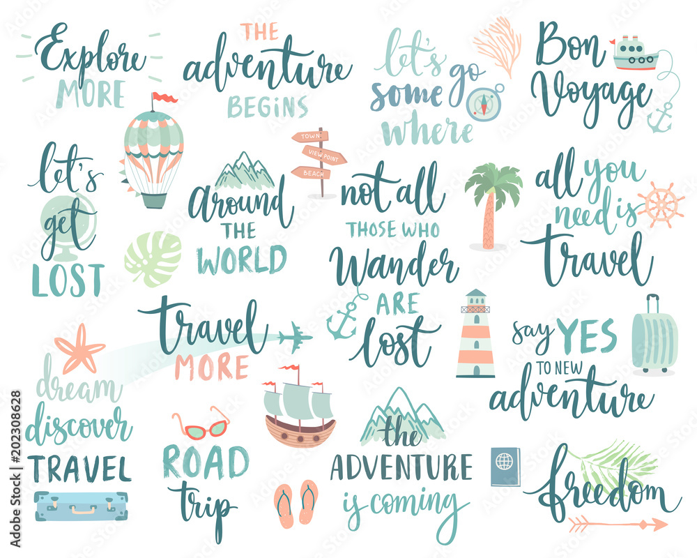 Travel Lettering Design Set - collection of handwritings, trip, journey and adventure themes - obrazy, fototapety, plakaty 