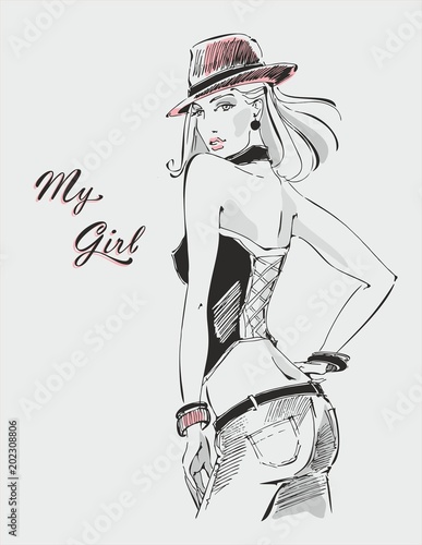 My girl. Lettering. Pretty girl in a hat. Fashion industry. Fashionable. Stylish illustration. Sketch. Vector.