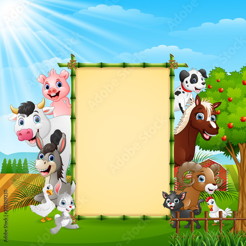 Farm animals with a blank sign bamboo