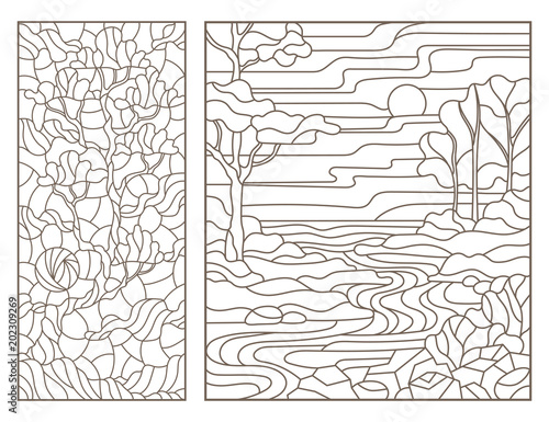 Set of outline illustrations of stained glass Windows with scenery, river and lonely tree, dark outlines on white background