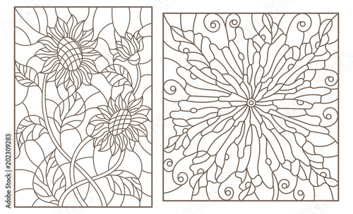 Set of contour stained glass illustrations with flowers, sunflowers and abstract flower, dark outlines on white background