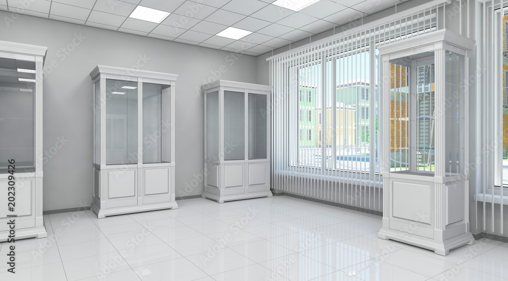 Fototapeta premium Interior of a small shop with shelves and glass showcases. Boutique. 3d illustration.