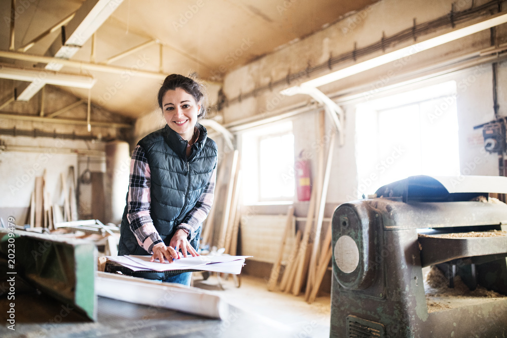 Portrait of a woman worker in the carpentry workshop. Portrait of a woman worker in the carpentry workshop.