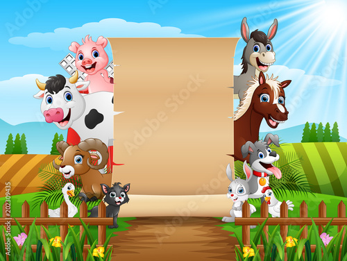 Farm animals with a blank sign paper