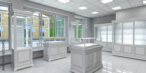 Interior of a small shop with shelves and glass showcases. Boutique. 3d illustration.