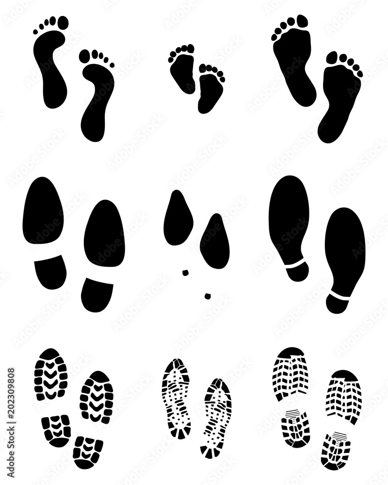 Black prints of human feet and shoes on a white background Black prints of human feet and shoes on a white background