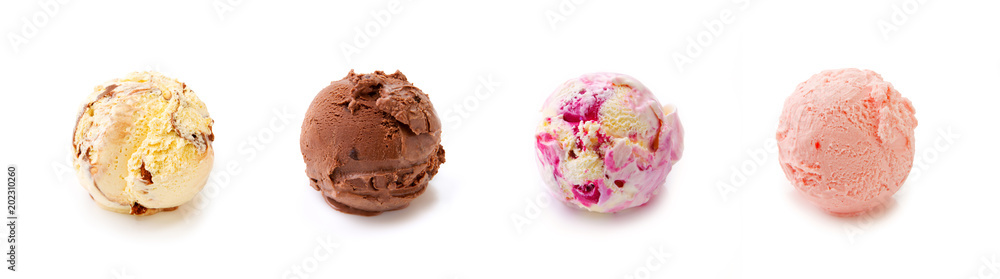 Four ball of fruit ice cream isolated . - obrazy, fototapety, plakaty 
