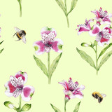 hand drawn watercolor seamless pattern of flowers of Alstroemeria