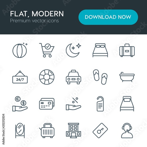 Modern Simple Set of hotel, shopping, travel Vector outline Icons. Contains such Icons as card, mirror, building, credit, sky, buy and more on white background. Fully Editable. Pixel Perfect