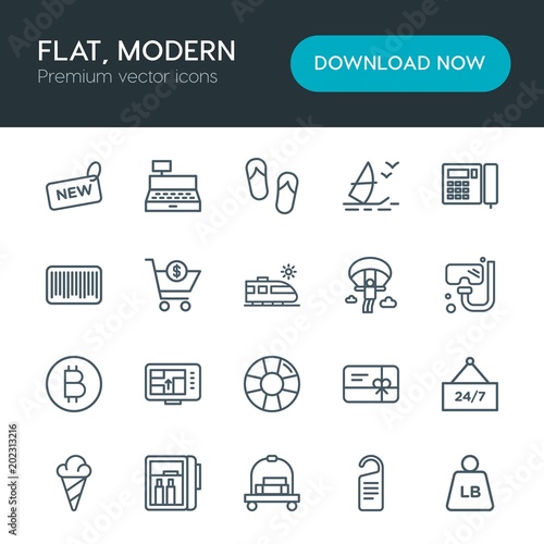 Modern Simple Set of hotel, shopping, travel Vector outline Icons. Contains such Icons as refrigerator, card, map, handle, style, hotel and more on white background. Fully Editable. Pixel Perfect