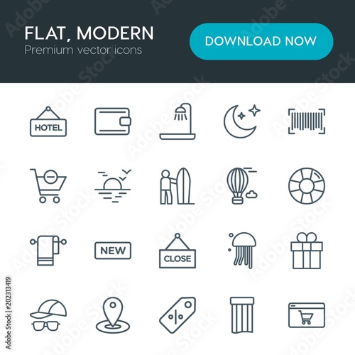 Modern Simple Set of hotel, shopping, travel Vector outline Icons. Contains such Icons as  finance, jellyfish, sign, map,  shower,  wallet and more on white background. Fully Editable. Pixel Perfect