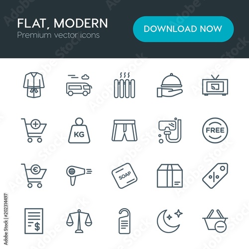 Modern Simple Set of hotel, shopping, travel Vector outline Icons. Contains such Icons as  hair,  care,  robe,  price,  law,  blow,  retro and more on white background. Fully Editable. Pixel Perfect