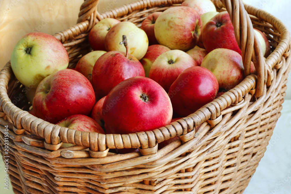 Close-up of bright ripe apples in a basket Close-up of bright ripe apples in a basket