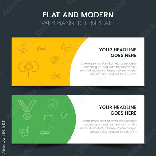 health, sports Flat Design Concept with outline icons. Modern Vector Web Banners