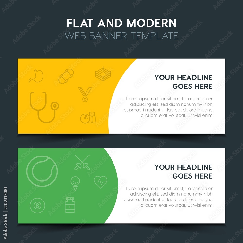 health, sports Flat Design Concept with outline icons. Modern Vector Web Banners