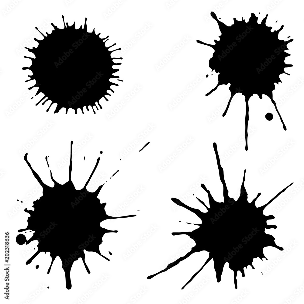 Black ink paint spots. Drops texture isolated on white background. Set for grunge splash textures. Vector illustration. Black ink paint spots. Drops texture isolated on white background. Set for grunge splash textures. Vector illustration.