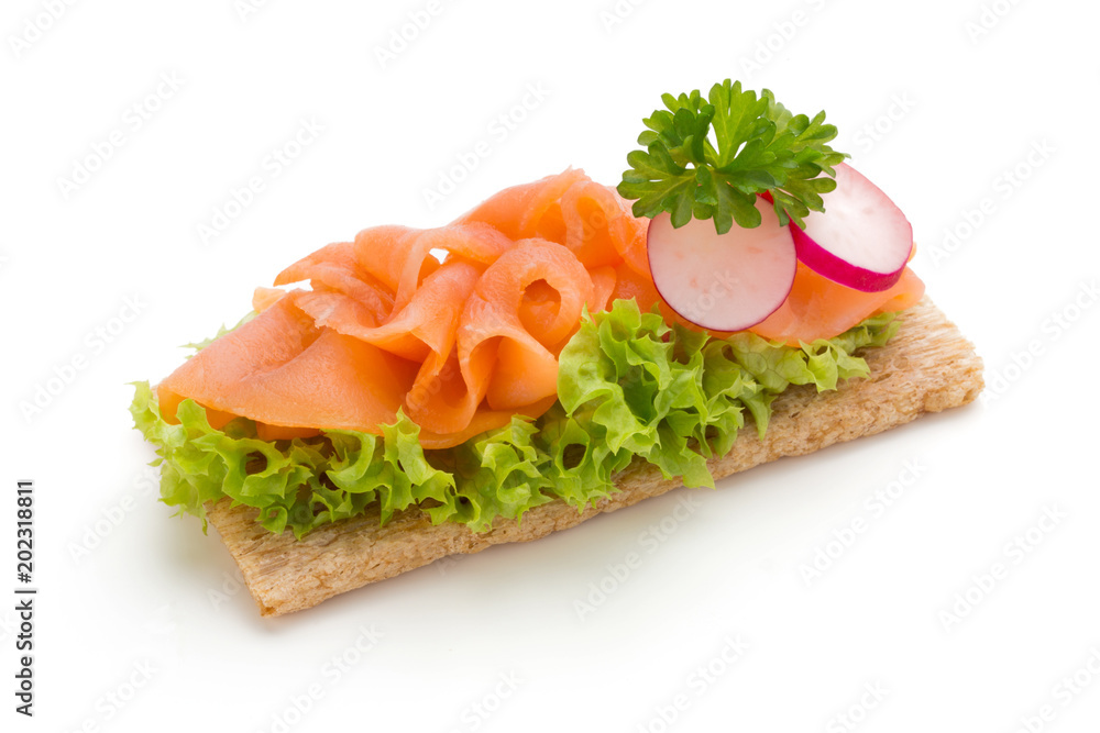 Bread with fresh salmon fillet isolated on white background, top view. Bread with fresh salmon fillet isolated on white background, top view.