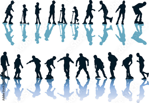 people black silhouettes on roller skates with shadows
