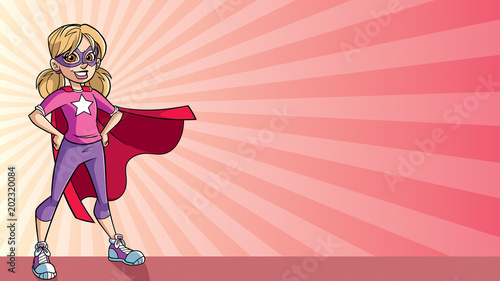 Illustration of a super heroine girl smiling happy while wearing a red cape against ray light background for copy space.