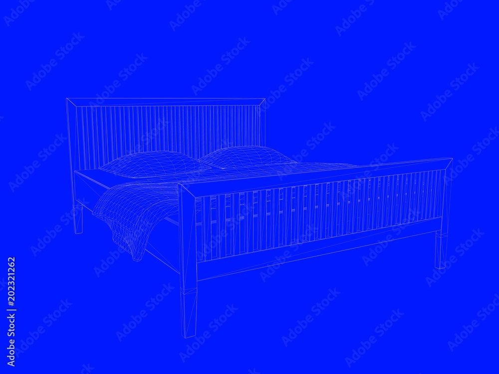 3d rendering of a bed blueprint as lines on a blue background 3d rendering of a bed blueprint as lines on a blue background