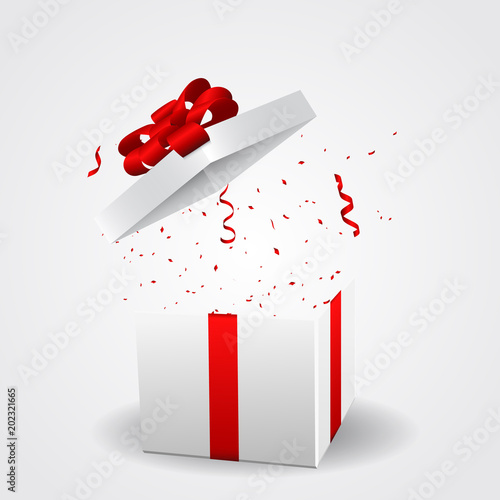 Surprise gift box with red bow and cofetti.