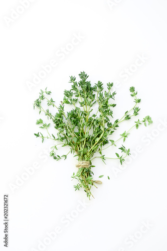 Bouquet of fresh thyme twigs on white background with copy space