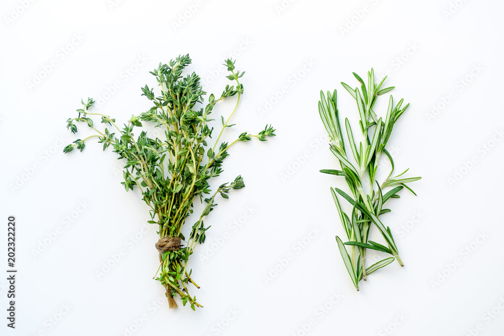 Bunches of tied thyme and rosemary on white background isolated Bunches of tied thyme and rosemary on white background isolated