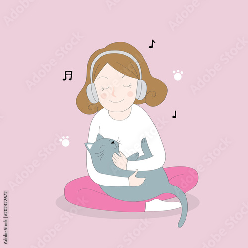 Cartoon cute relaxing time, Listen music and big black cat vector.