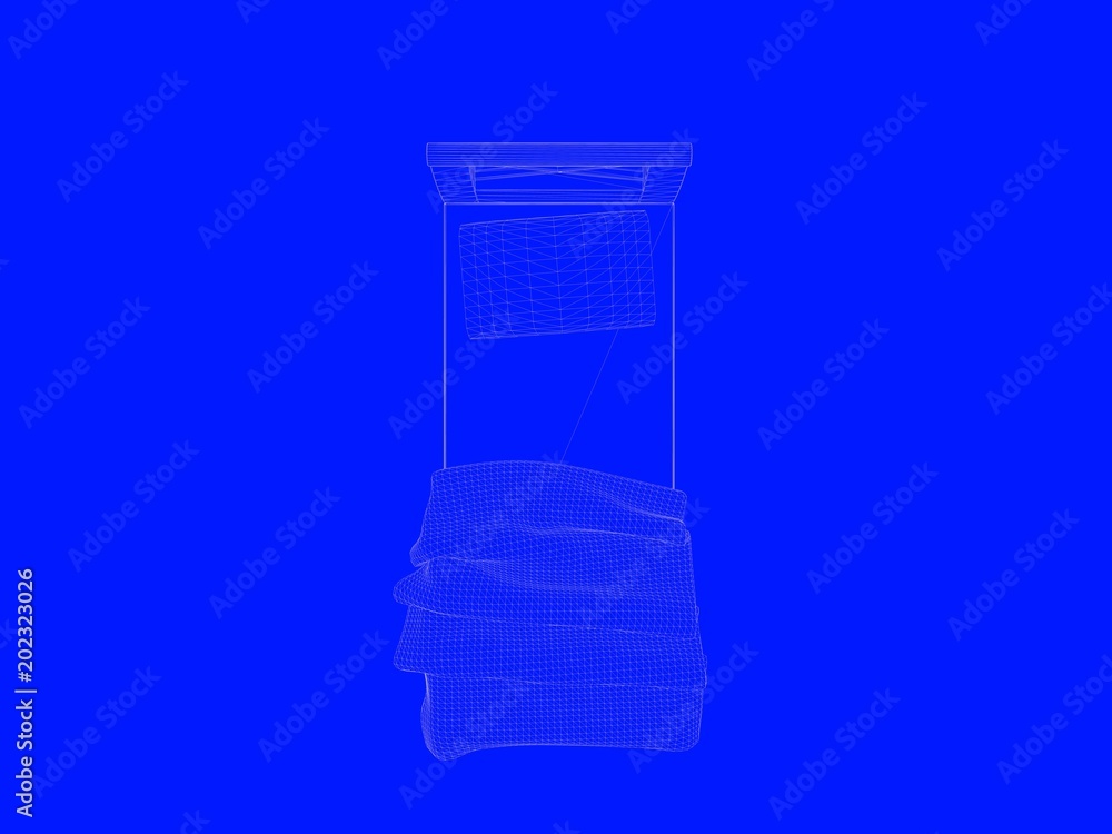 3d rendering of a bed blueprint as lines on a blue background 3d rendering of a bed blueprint as lines on a blue background
