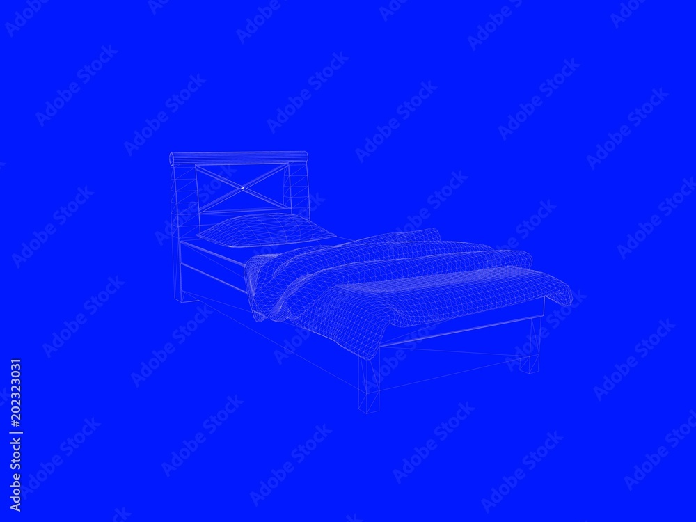 3d rendering of a bed blueprint as lines on a blue background 3d rendering of a bed blueprint as lines on a blue background