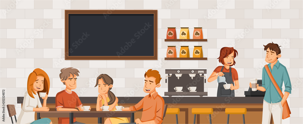 People sitting in a coffee shop. Cafe with friends on tables.
