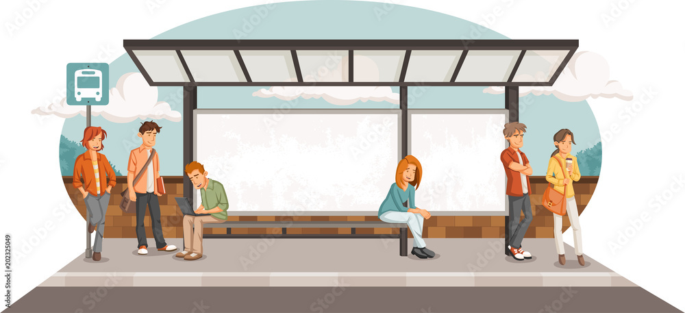 Passengers at bus stop. Cartoon people waiting for bus. Stock Vector |  Adobe Stock