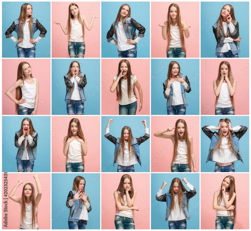Φωτογραφία The collage of different human facial expressions, emotions and feelings of young teen girl