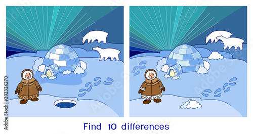 Find ten differences. Game for children with northern landscape 