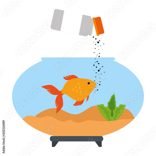 aquarium bowl with colors fish and bottle food vector illustration design