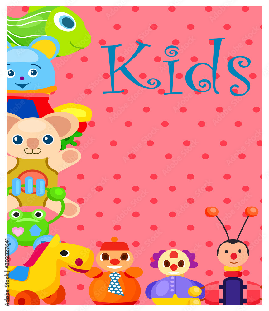 Kids Plush and Plastic Toys on Spotty Background