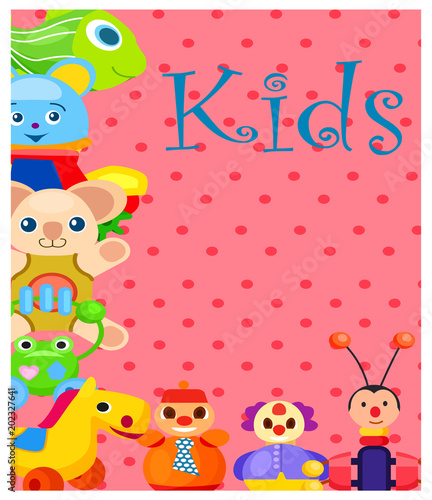 Kids Plush and Plastic Toys on Spotty Background