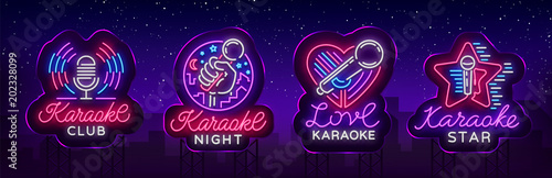 Karaoke set of neon signs. Collection is a light logo, a symbol, a light banner. Advertising bright night karaoke bar, party, disco bar, night club. Live music. Design template. Vector. Billboard