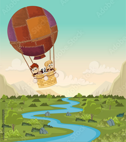 Cartoon kids inside a hot air balloon flying over a green forest
