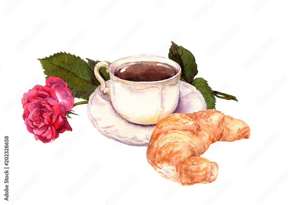 Coffee Cuptea Cup Croissant And Fruit Stock Photo - Download Image